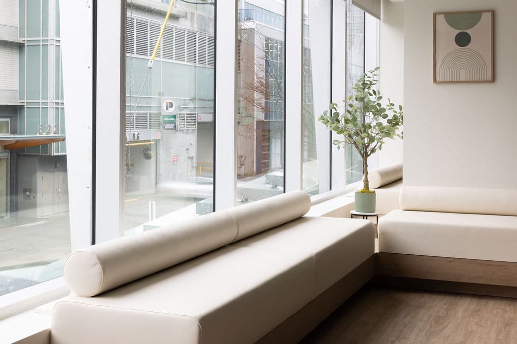 A sunlit window bench with a small tree in the Twig Vancouver clinic.